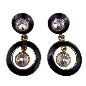 Vintage Bijoux Womens Black Enamel Rhinestone Dangle Earrings Gold Tone Jewelry